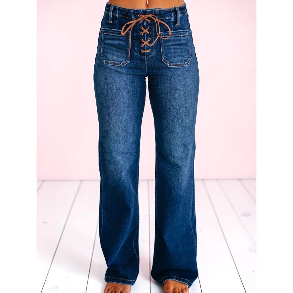 Risen High Rise Wide Leg Lace Up Jeans Dark Wash Tie Patch Pocket Stretch Denim - Picture 5 of 13